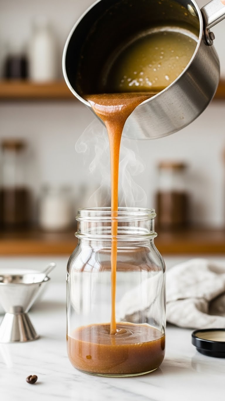Freshly made salted caramel coffee syrup poured from saucepan into clear glass bottle showing thick golden brown texture and steam rising.