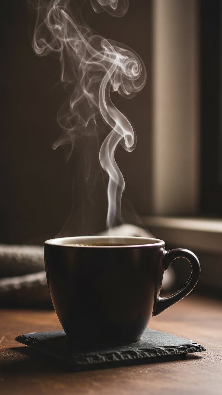 Freshly poured black coffee with delicate steam rising from surface on dark slate coaster against soft background