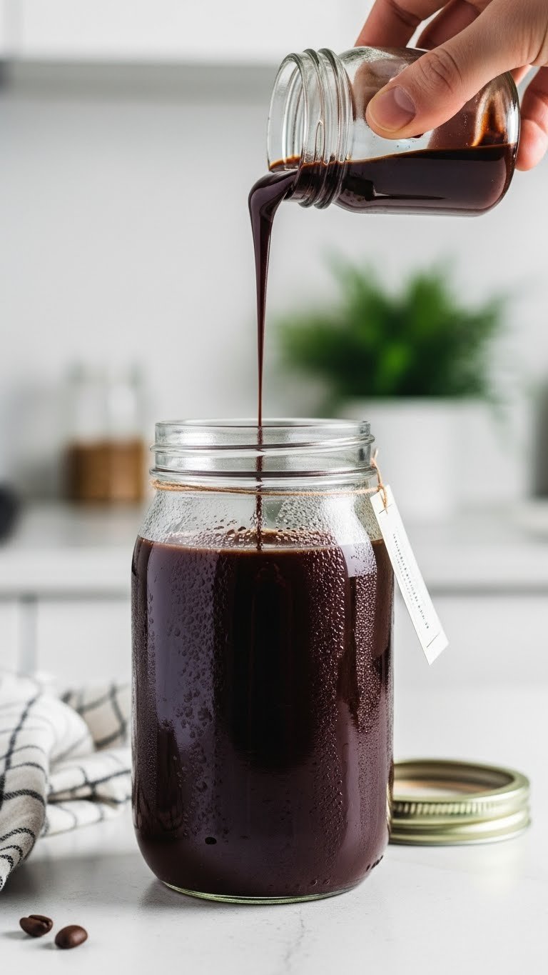 Freshly prepared chocolate coffee syrup stored in airtight glass jar with condensation visible on rustic wooden table
