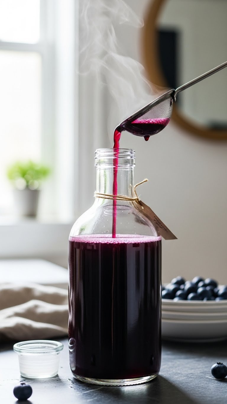 Freshly strained blueberry coffee syrup in clear glass bottle with stopper placed on cool countertop with subtle steam