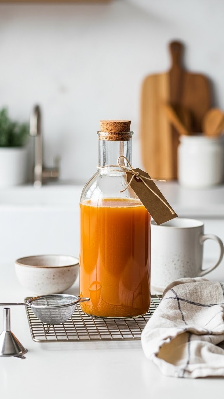 Freshly strained pumpkin coffee syrup in glass bottle with cork stopper resting on cooling rack ready for storage.