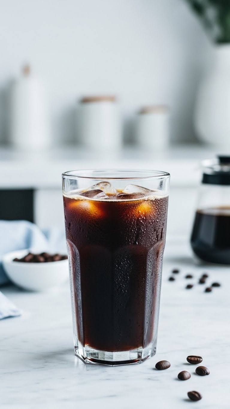 Frosted glass of cold brew black coffee with ice cubes on marble counter