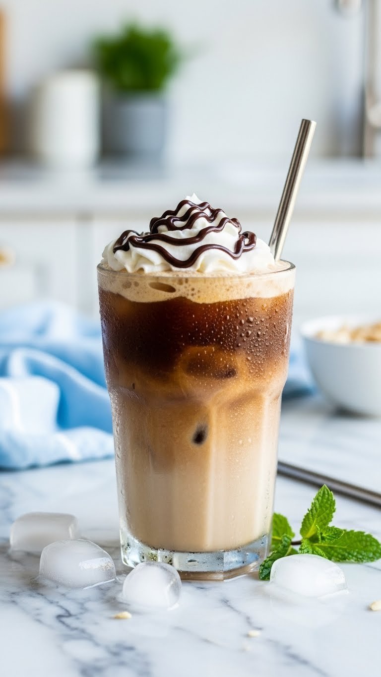 Frosted glass of iced keto almond joy latte with whipped cream topping and chocolate syrup drizzle