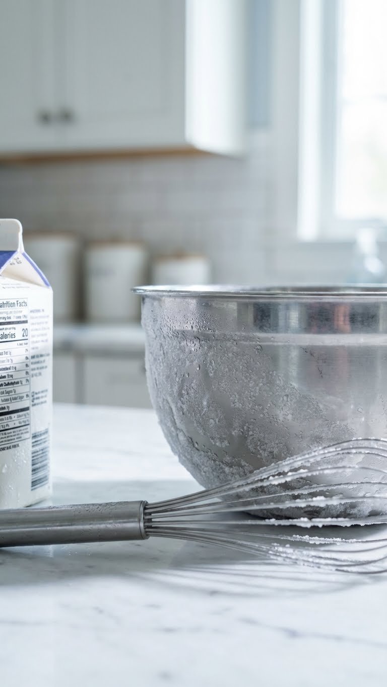 Frosted stainless steel mixing bowl and whisk on marble countertop with condensation and chilled baking equipment