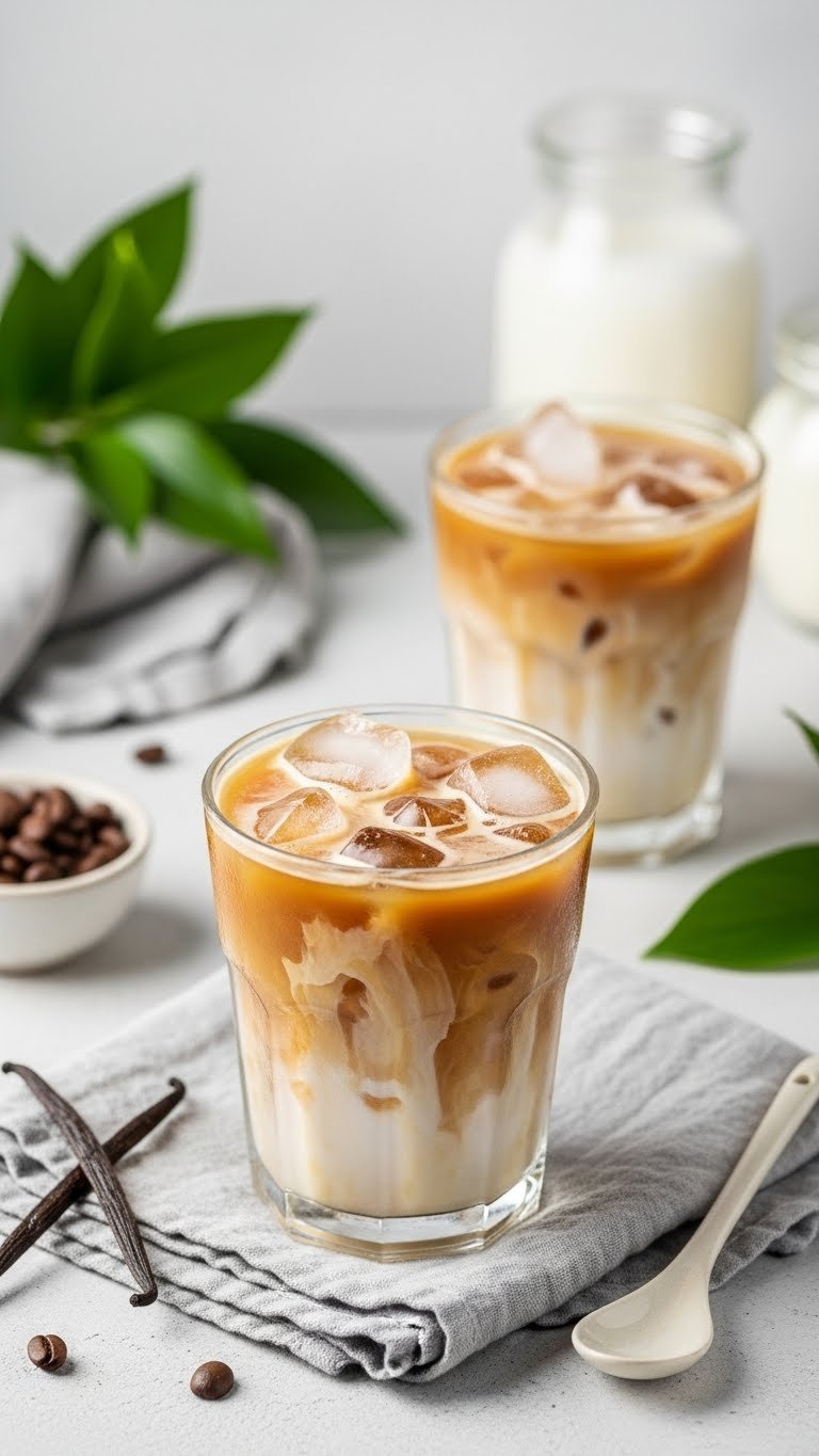 Frosty clear glass of sugar-free vanilla iced coffee with glistening ice cubes and delicate vanilla hues in top-down view