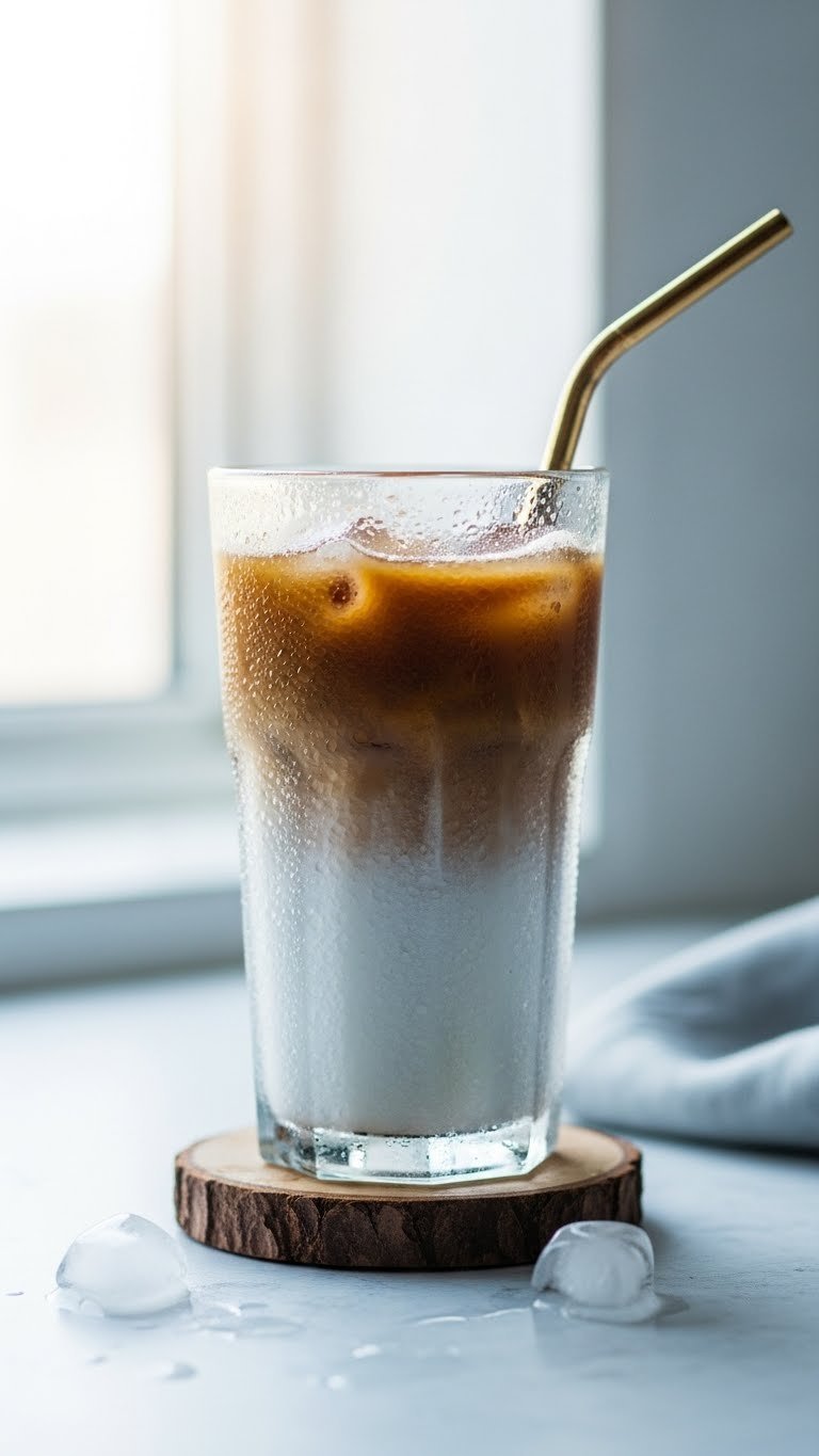 Frosty condensation-covered iced coffee glass with reusable straw on rustic wooden coaster in bright daylight.