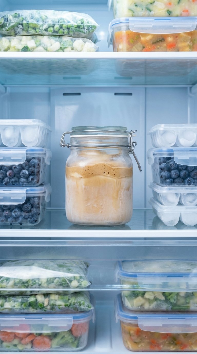 Frosty glass container of frozen whipped coffee stored on organized freezer shelf with other frozen items