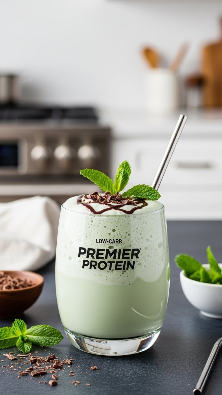 Easy Premier Protein Coffee Recipes: 11 Delicious Drinks 13 Frosty low-carb Premier Protein mocha mint frappe in a clear glass, garnished with fresh mint and chocolate drizzle.