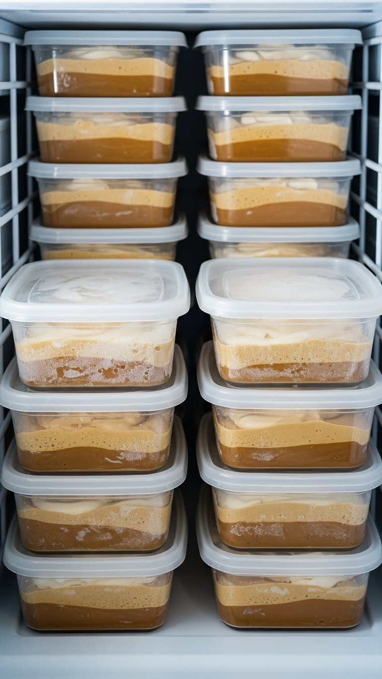 Whipped Coffee Meal Prep Proven Make Ahead Method for Busy Mornings 7 Frosty, neatly stacked containers of frozen whipped Dalgona coffee are organized within a freezer drawer under cool lighting.