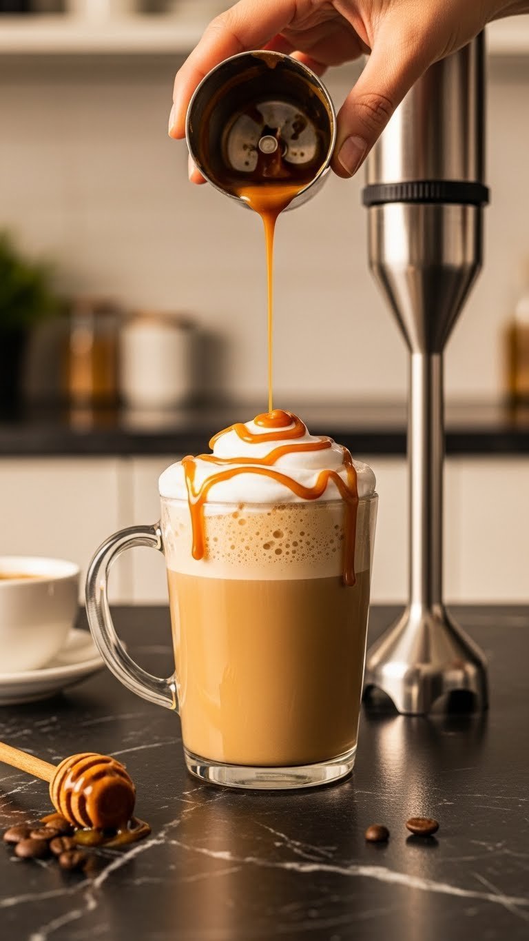 Hot Protein Coffee: Ultimate Guide to Smooth & Creamy Proffee 5 Frothed caramel protein coffee in a clear glass mug on dark marble, with blender, caramel drizzle, and coffee beans.