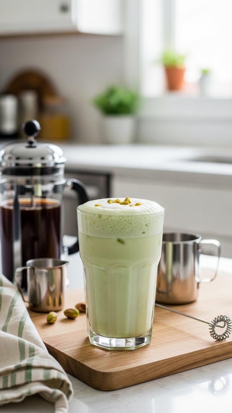 Frothed pistachio iced latte made without espresso machine with French press on kitchen counter