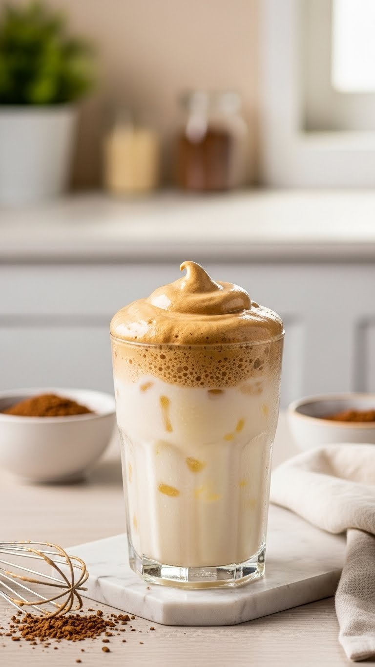 Frothy Dalgona instant coffee with whipped foam layer on cold milk in glass with light wooden background
