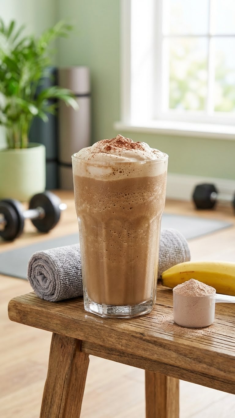 Frothy Post-Workout Protein Recovery Shake in a tall glass with whipped topping on a wooden gym bench, healthy.