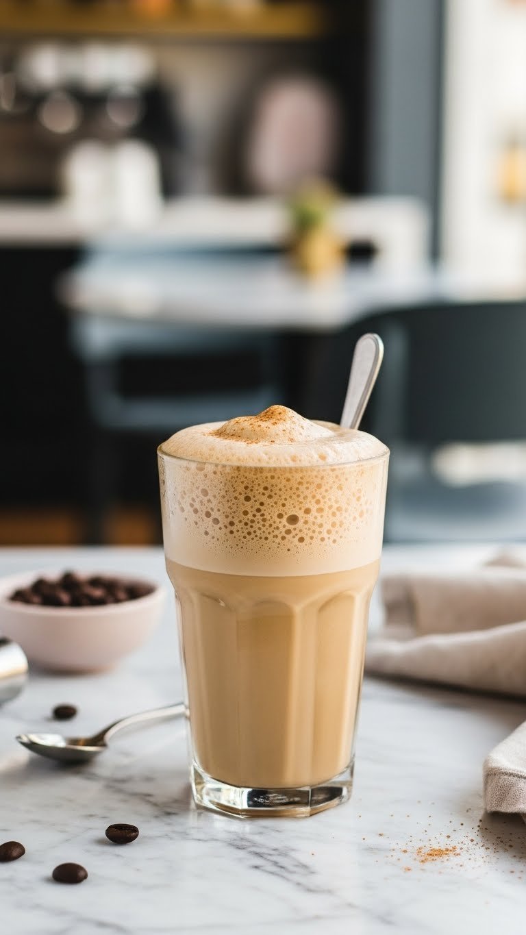 Frothy blended almond milk iced coffee in elegant glass with cocoa dusting on marble surface