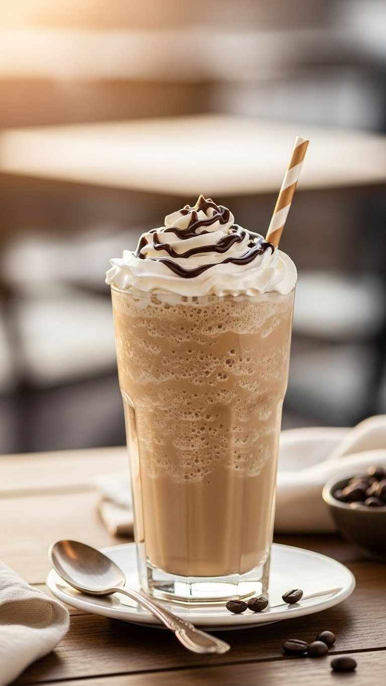 Frothy decaf iced coffee frappuccino with whipped cream and chocolate drizzle in tall domed glass