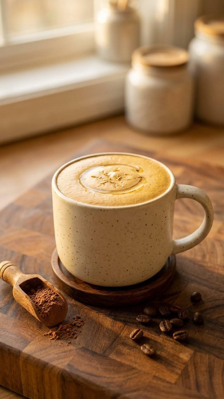 Sugar Free Protein Coffee: Ultimate Guide to Recipes & Brands 12 Frothy, golden-brown keto-friendly sugar-free protein coffee with MCT oil in a ceramic mug on a butcher block counter.