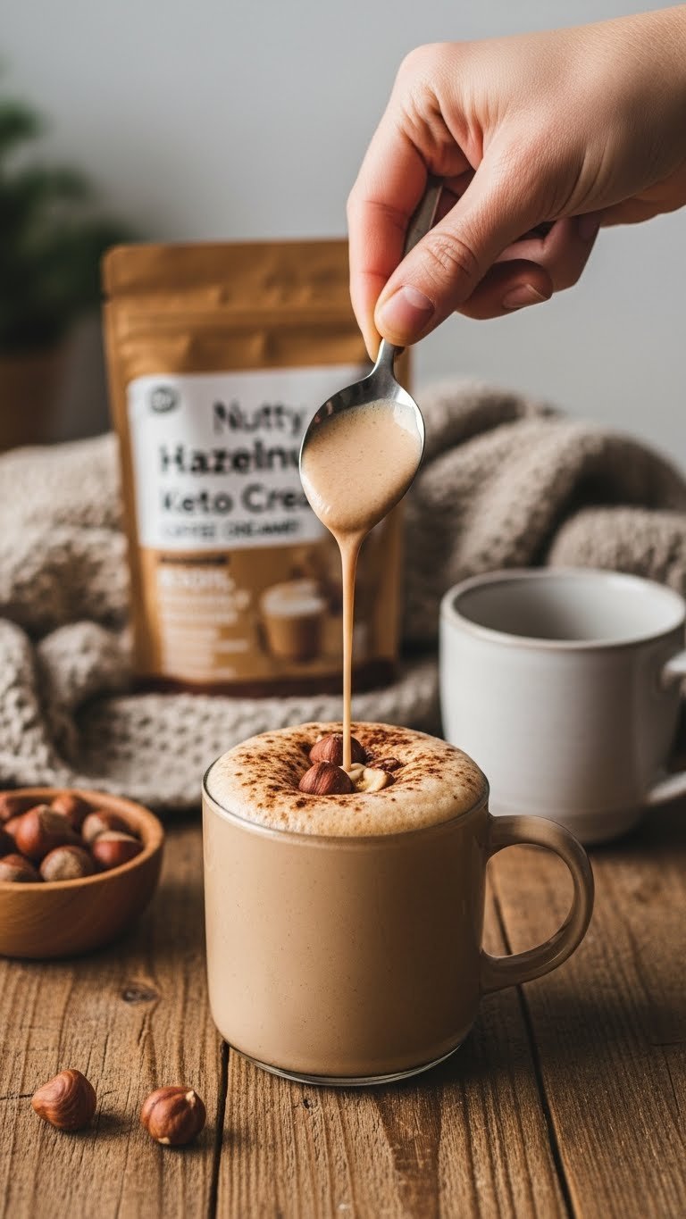 Frothy hazelnut keto coffee creamer in ceramic mug with toasted hazelnuts on rustic wooden table