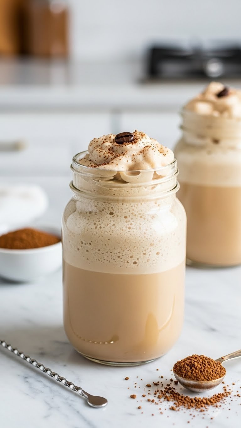 Frothy instant frozen coffee in rustic mason jar with coffee bean garnish on marble countertop with macro lens focus