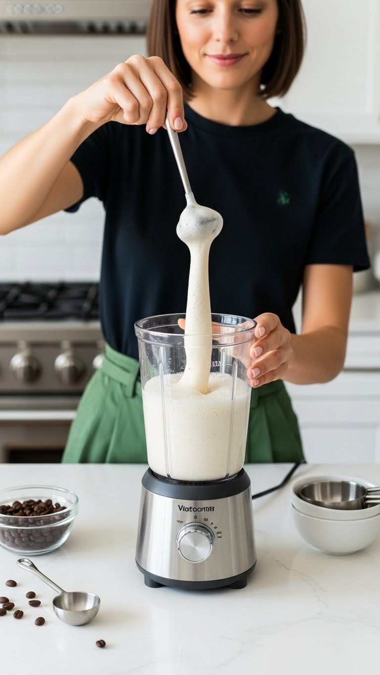 Frothy keto white chocolate creamer being blended in sleek modern personal blender with bright kitchen background.
