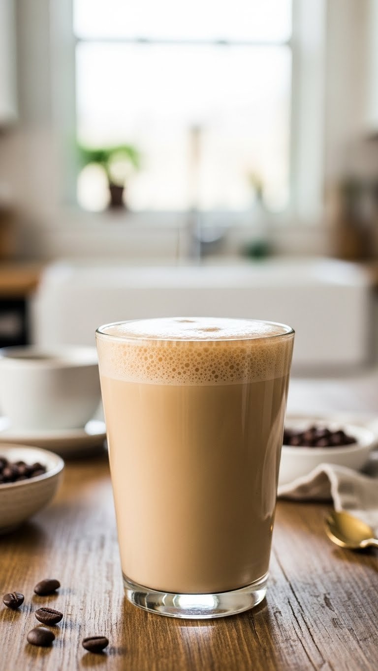 Frothy light tan keto coffee protein shake in clear glass with coffee beans on rustic wooden table
