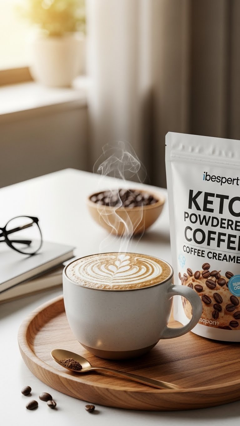 Frothy mug of bulletproof coffee made with keto powdered creamer steaming with swirl pattern