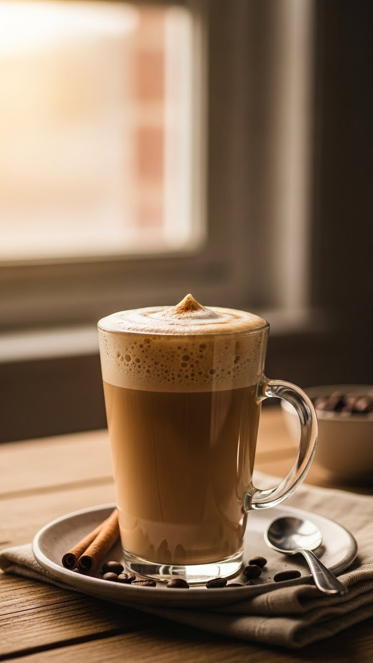 Frothy vegan keto coffee in clear glass mug with latte art swirl on rustic wooden table
