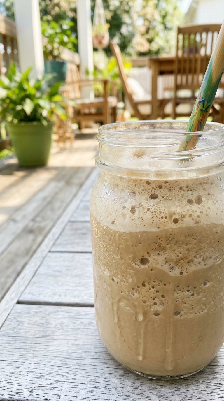 Whipped Coffee Protein Shake Easy High Protein Recipe Guide 9 Frozen blended whipped coffee protein shake in frosted mason jar with condensation and eco-friendly straw on wooden deck