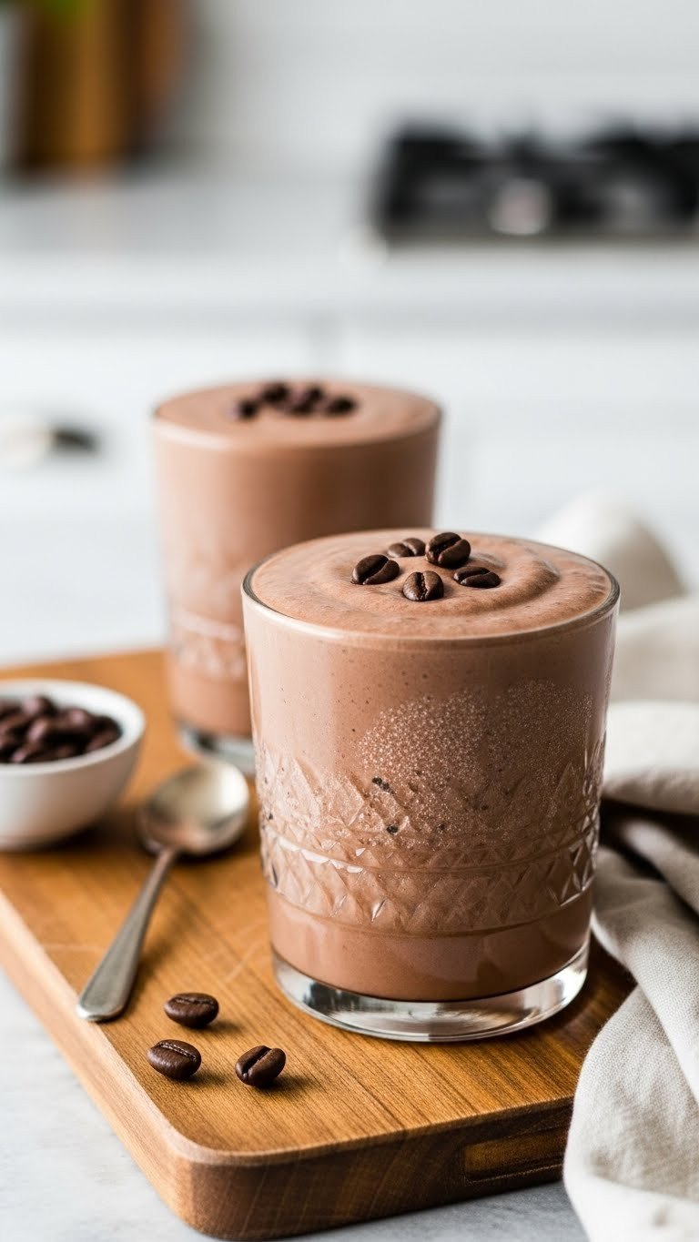Frozen chocolate cold brew smoothie in a rustic glass on a wooden cutting board