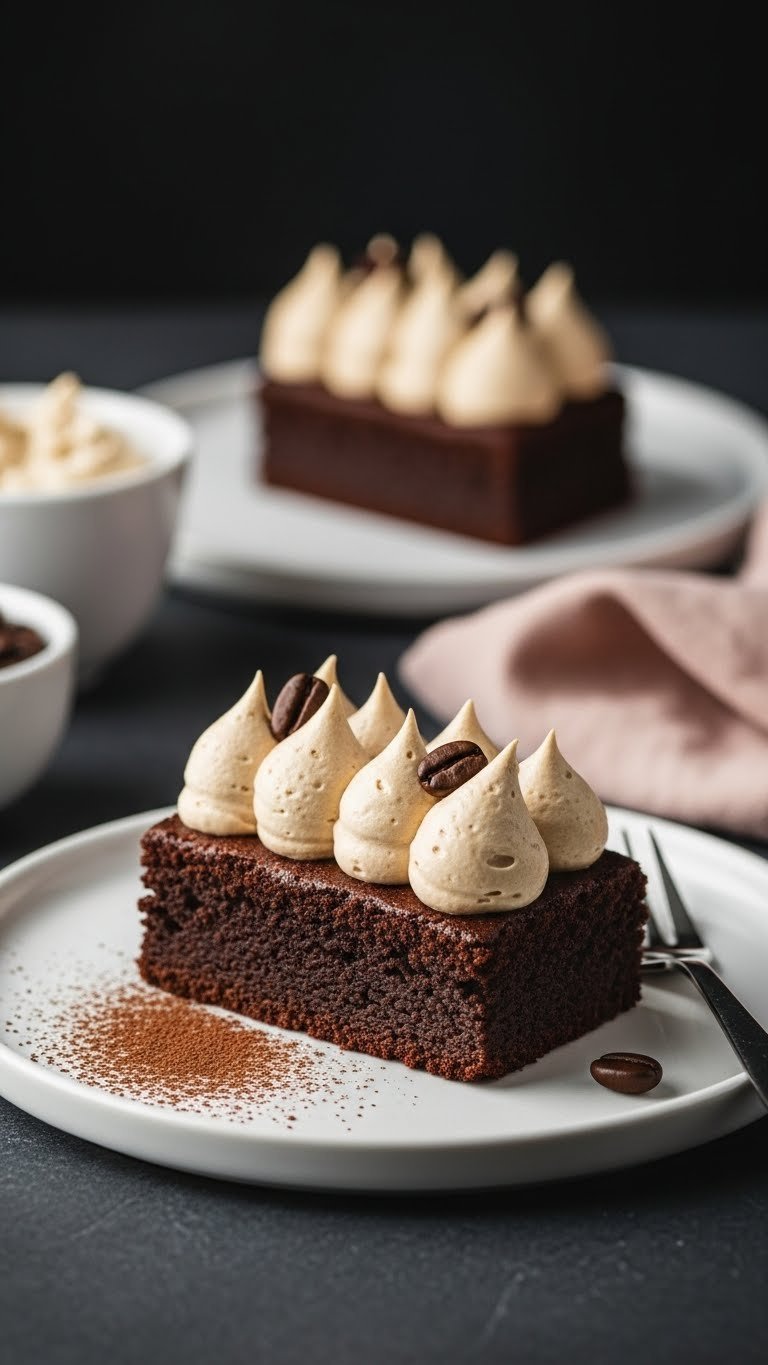 Whipped Coffee Mousse Easy Foolproof Recipe for Beginners 7 Fudgy chocolate brownie on white plate topped with quenelle of whipped coffee mousse and cocoa powder dusting