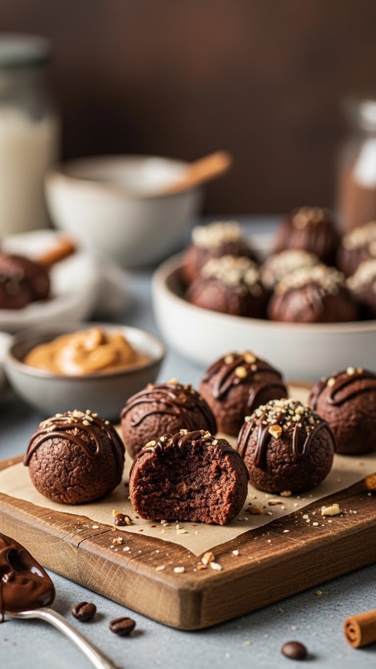 Fudgy keto mocha truffles drizzled with chocolate and sprinkled with almonds on rustic wooden board with almond butter and coffee beans