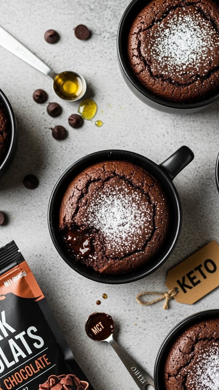 Fudgy mocha keto mug cake in black ramekin, melted dark chocolate, erythritol powder on stone. Low carb, elegant dessert.