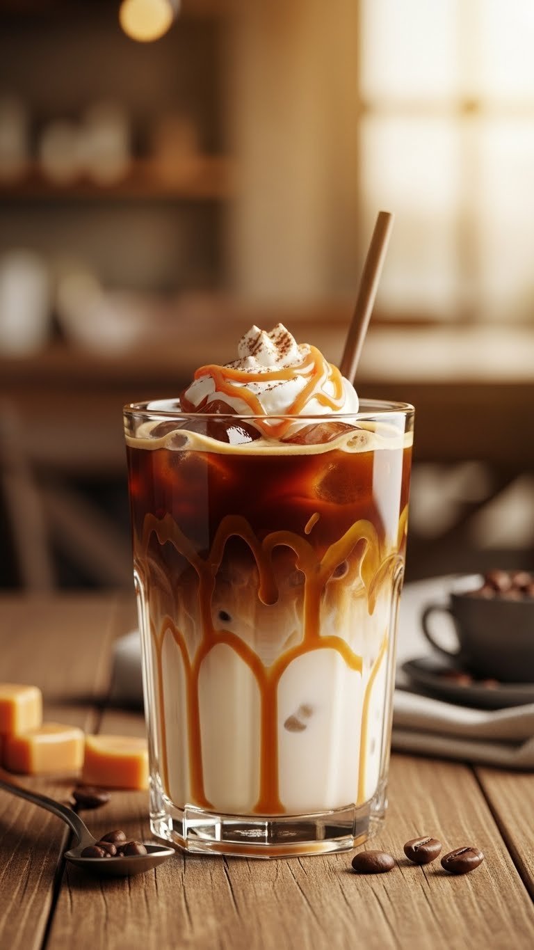 Iced Coffee Recipe Keurig: 7 Perfect Steps, No Watery Brew 13 Fully assembled iced coffee drink with whipped cream, caramel drizzle and cocoa powder topping