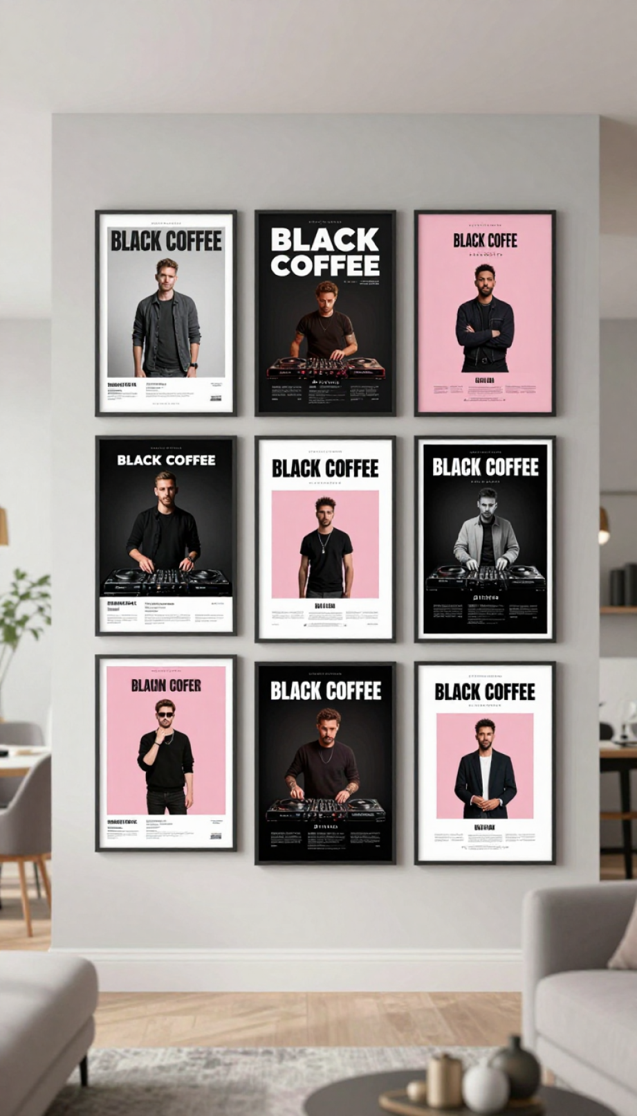 Black Coffee Art: The Definitive Guide to Collecting Posters 10 Gallery wall featuring multiple Black Coffee DJ posters arranged harmoniously on painted accent wall
