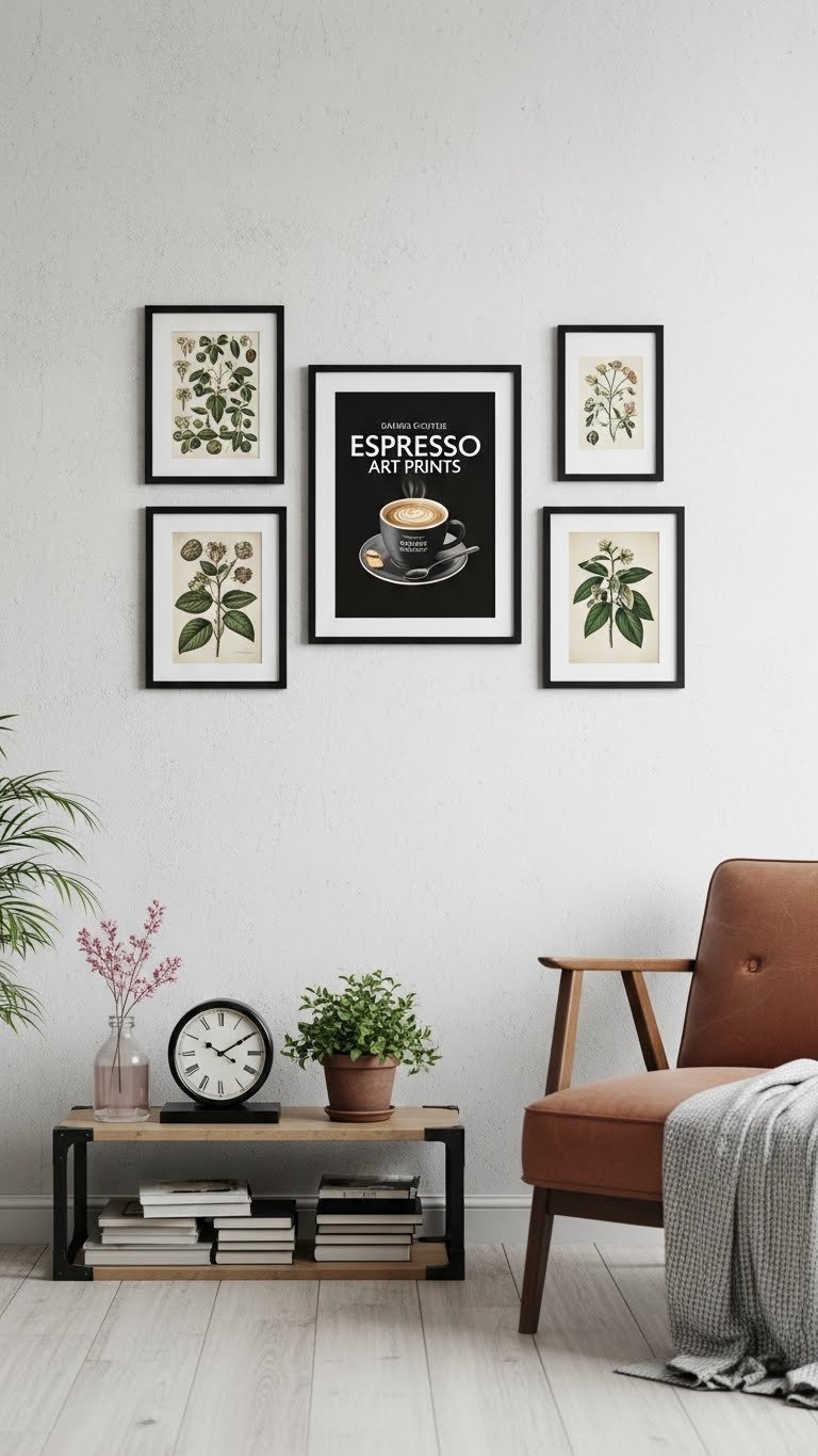 Gallery wall with black and white espresso art prints and botanical illustrations in black frames