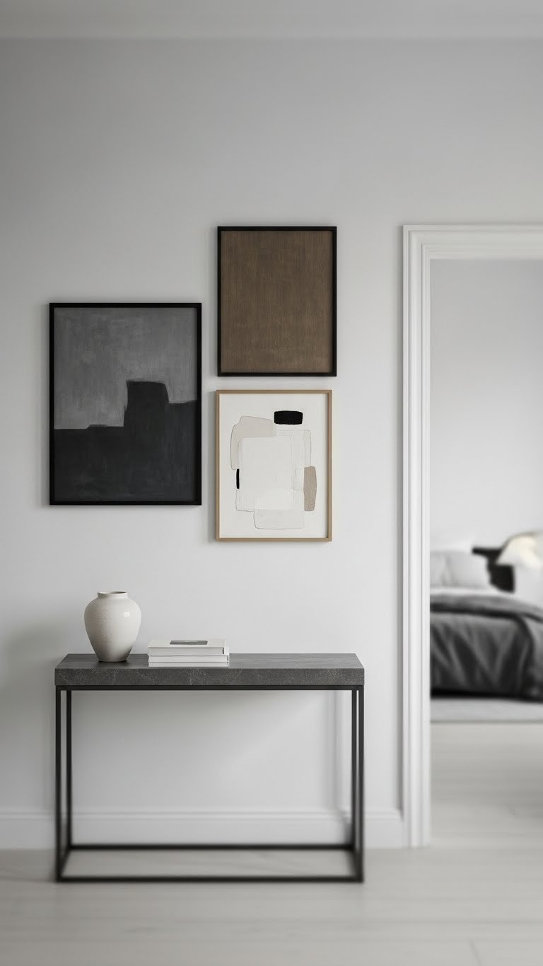 Gallery wall with three framed minimalist abstract art pieces in charcoal, taupe and white on light gray wall