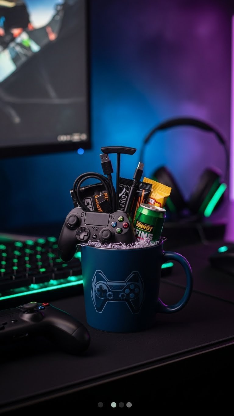 Gaming-themed coffee mug filled with controller grips, charging cable, and snacks arranged on gaming desk with RGB lighting.