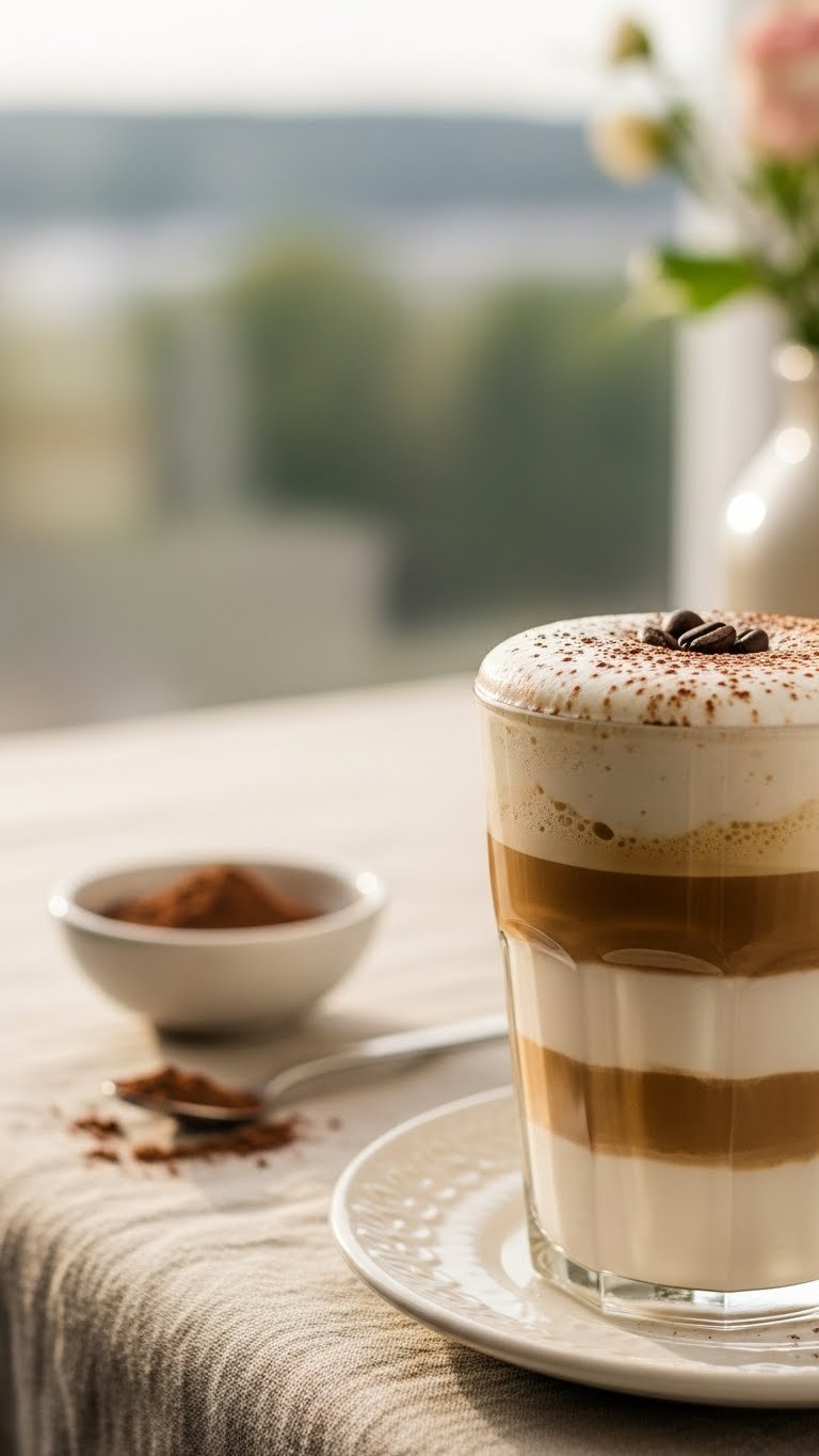Garnished Dalgona coffee in clear glass with cocoa powder and coffee beans on golden foam against linen backdrop