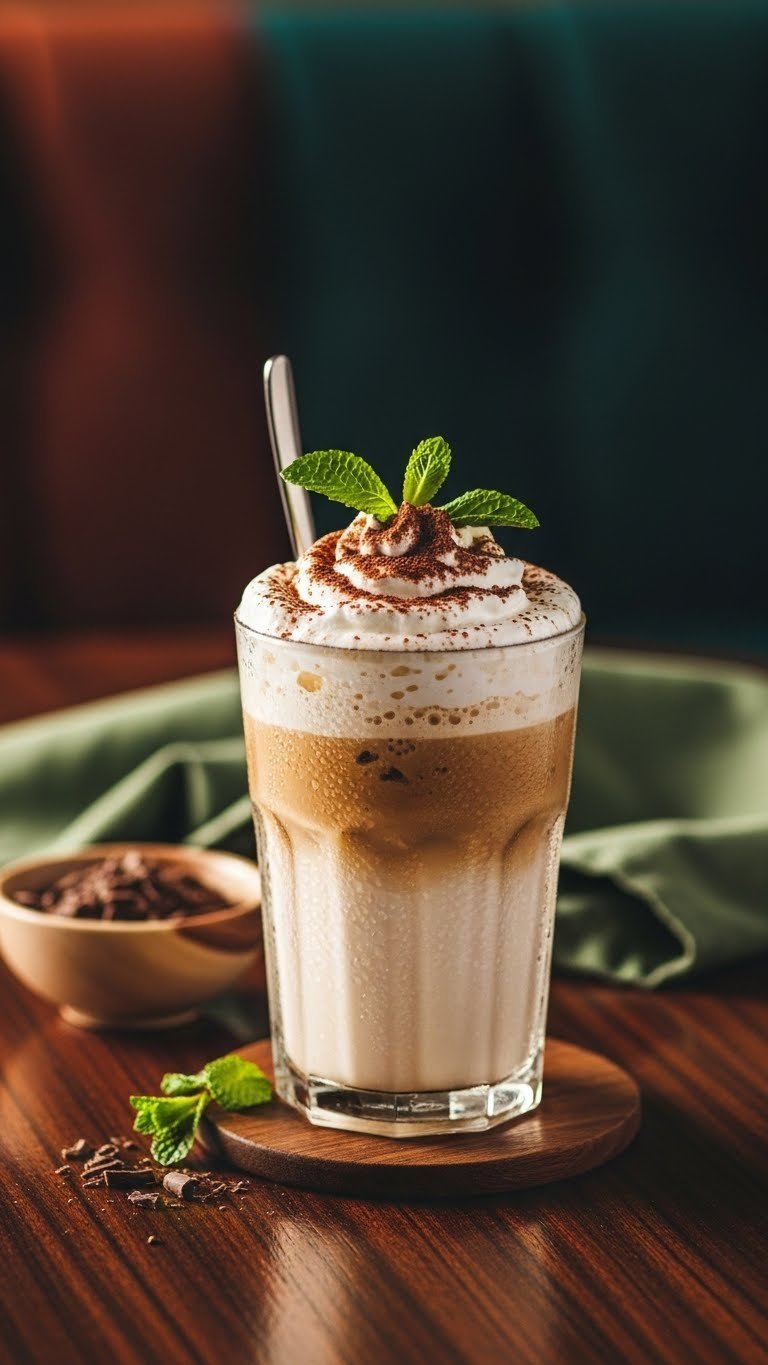 Whipped Coffee TikTok: 7 Steps for Perfect Fluffy Foam 13 Garnished Dalgona coffee with cocoa powder dusting and mint sprig on whipped foam in tall glass with condensation.