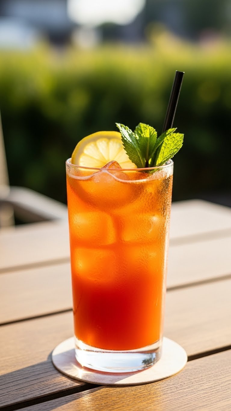 Perfect Iced Coffee Spritz Recipe: Your Essential Guide 9 Garnished iced coffee spritz with lemon slice and mint sprig on rustic table in golden hour lighting