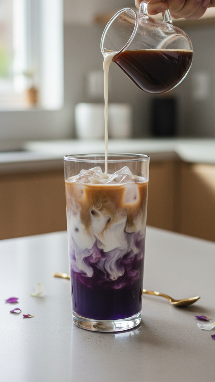 Garnished iced ube latte topped with whipped cream, ube powder, and edible flowers artfully arranged on white marble tray