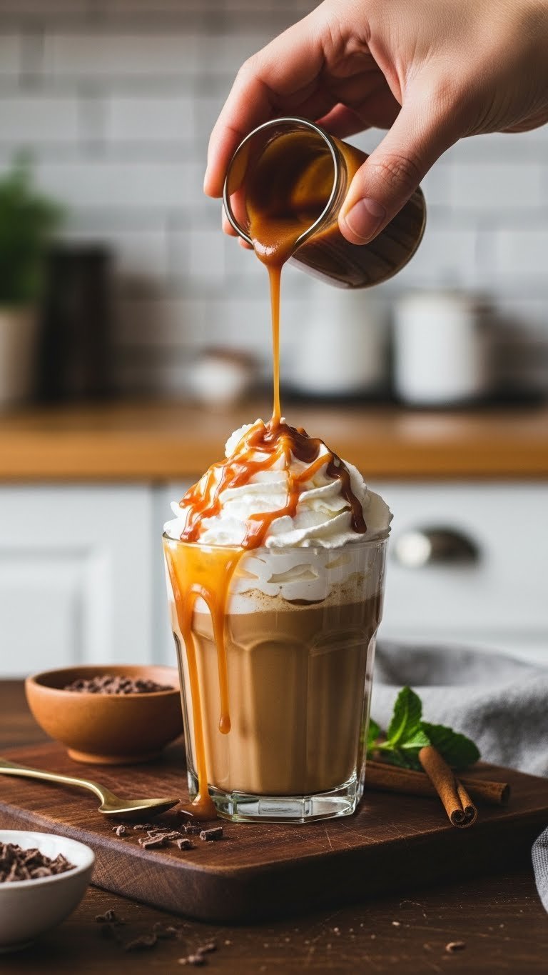 Whipped Coffee Caramel: Ultimate Recipe for Perfect Foam 9 Garnishing whipped coffee caramel drink with drizzled caramel sauce on a dark wooden serving board.