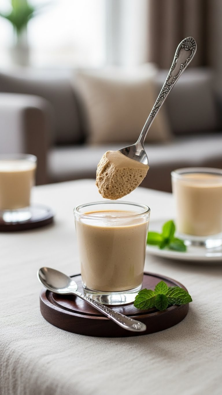Gelatin-free keto coffee mousse holding shape in elegant shot glass on polished wood coaster with mint sprig
