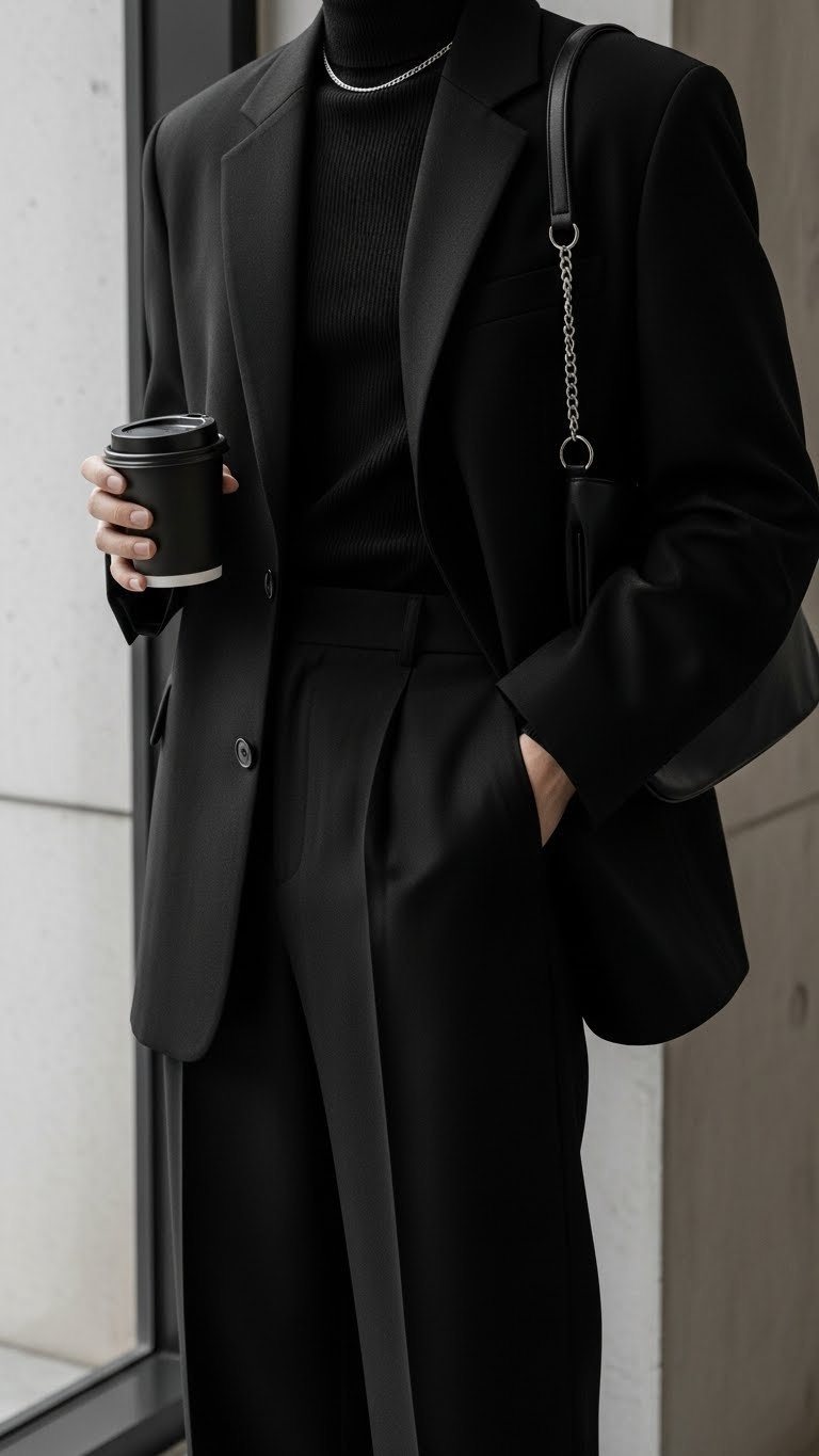 Gender-neutral person in chic monochromatic black Korean minimalist fashion posing waist-up against soft bokeh cafe background