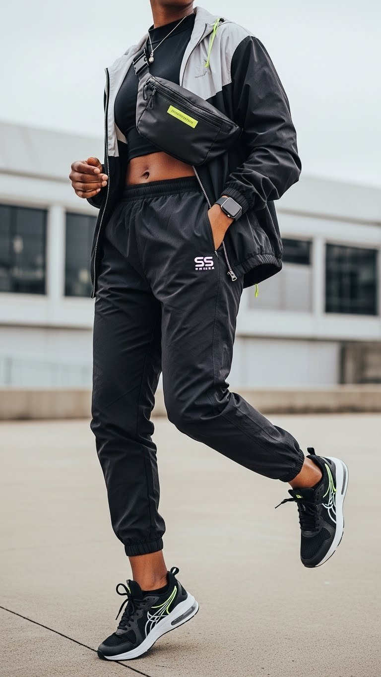 Gender-neutral person in sporty luxe concert outfit featuring performance top, track pants, and athletic sneakers in dynamic jumping pose.