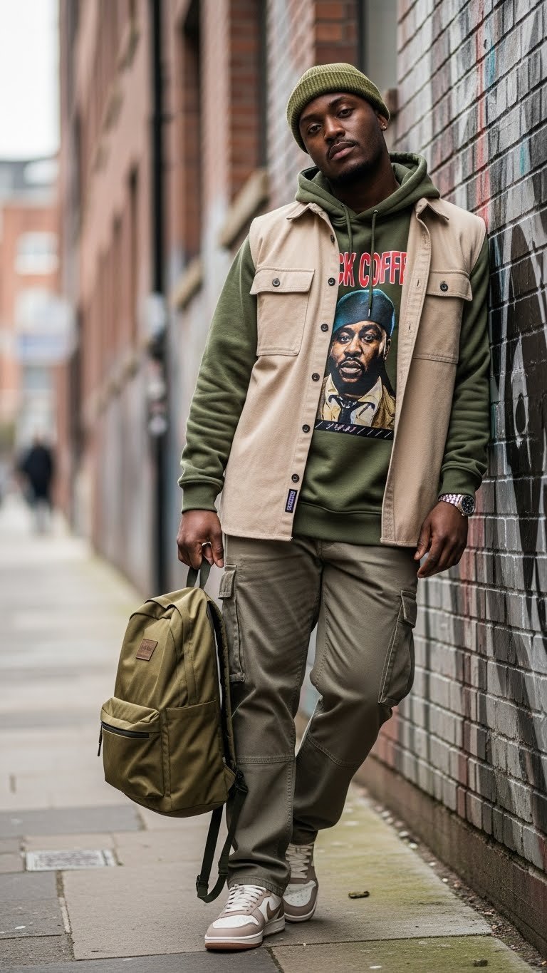 Gender-neutral person wearing streetwear-inspired layered concert outfit with oversized hoodie, cargo pants, and statement sneakers in urban alleyway.