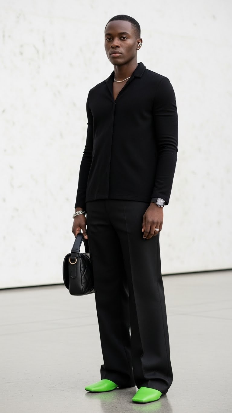 Gender-neutral person wearing vibrant accent minimalist concert outfit with black base and striking neon accessory against stark background.