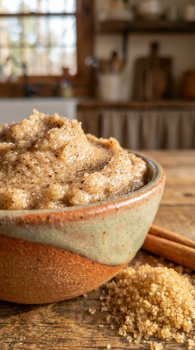 Whipped Coffee Sugar Scrub Recipe for Fluffy Luxurious Skin 7 Gentle brown sugar coffee scrub in rustic earthenware bowl with cinnamon stick on wooden kitchen table.