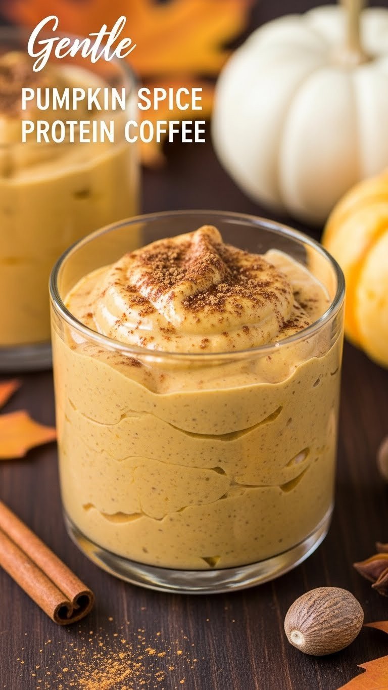 13 Bariatric Protein Coffee Recipes That Taste Amazing 5 Gentle pumpkin spice protein coffee in a mug on a dark wood surface