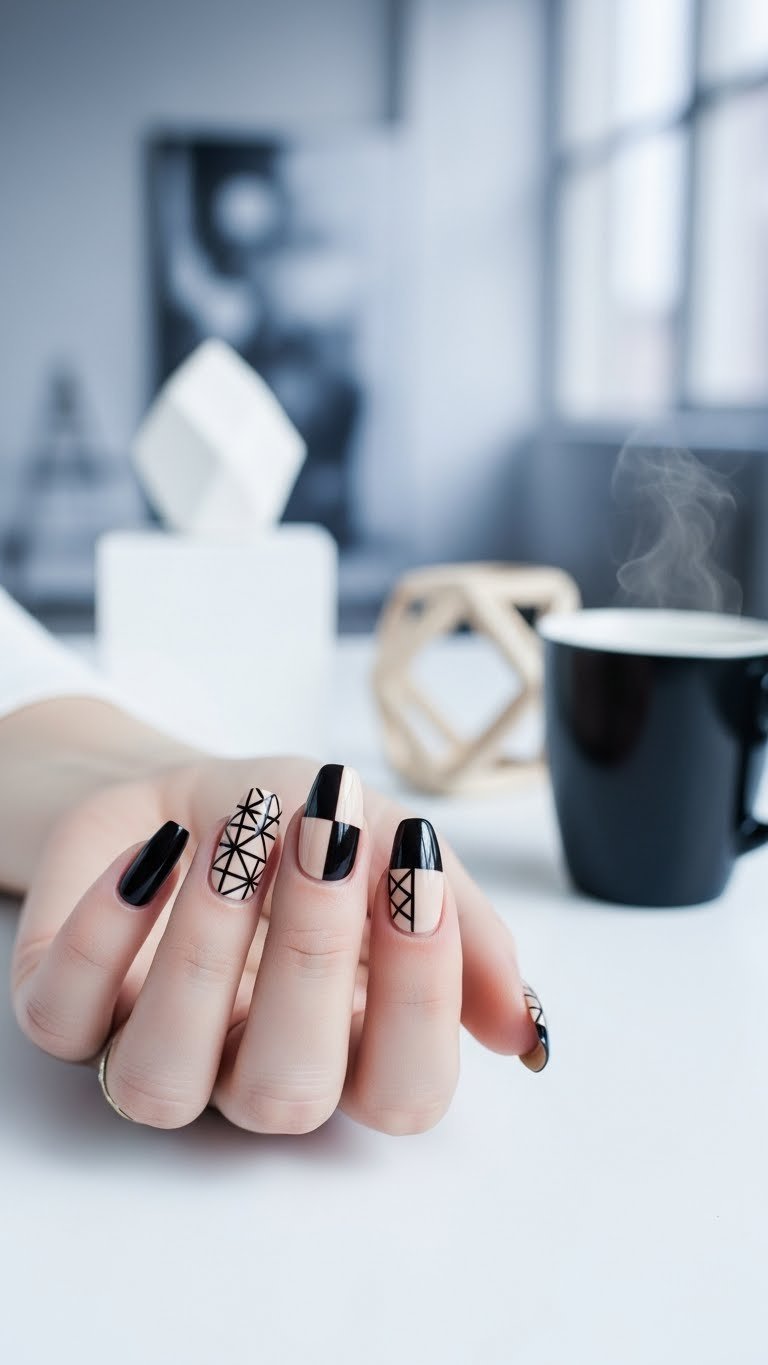 Geometric black coffee design nails with sharp patterns in contrasting brown and beige on minimalist white background
