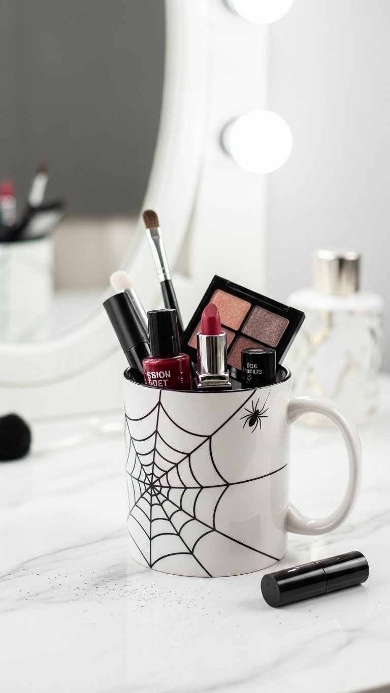 Ghoulish glamour Halloween coffee mug with spider web design filled with dark nail polish, lipstick, and shimmering eyeshadow palette